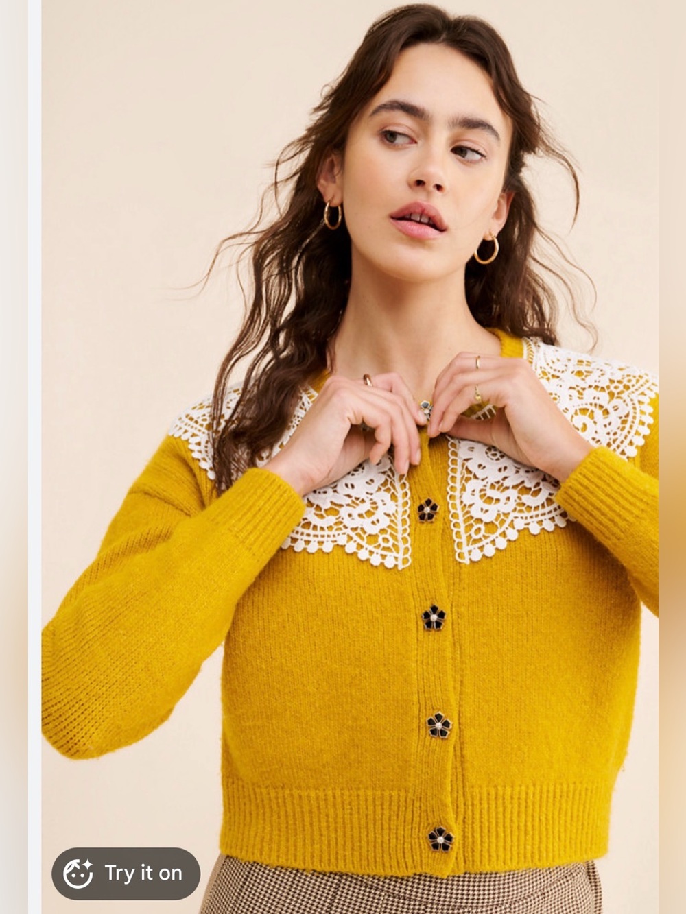 Maeve x Anthropologie chunky yellow lace cardigan sweater size XS